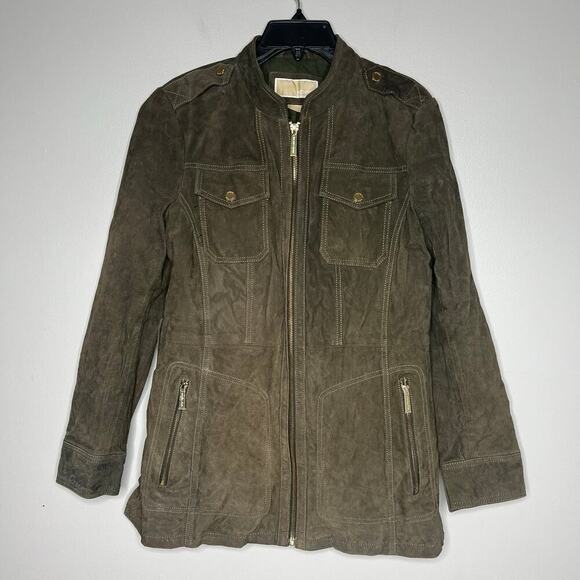 Michael Kors Suede Leather Jacket Vince Coat Full Zip Green *No Belt Large *Flaw - Picture 1 of 13